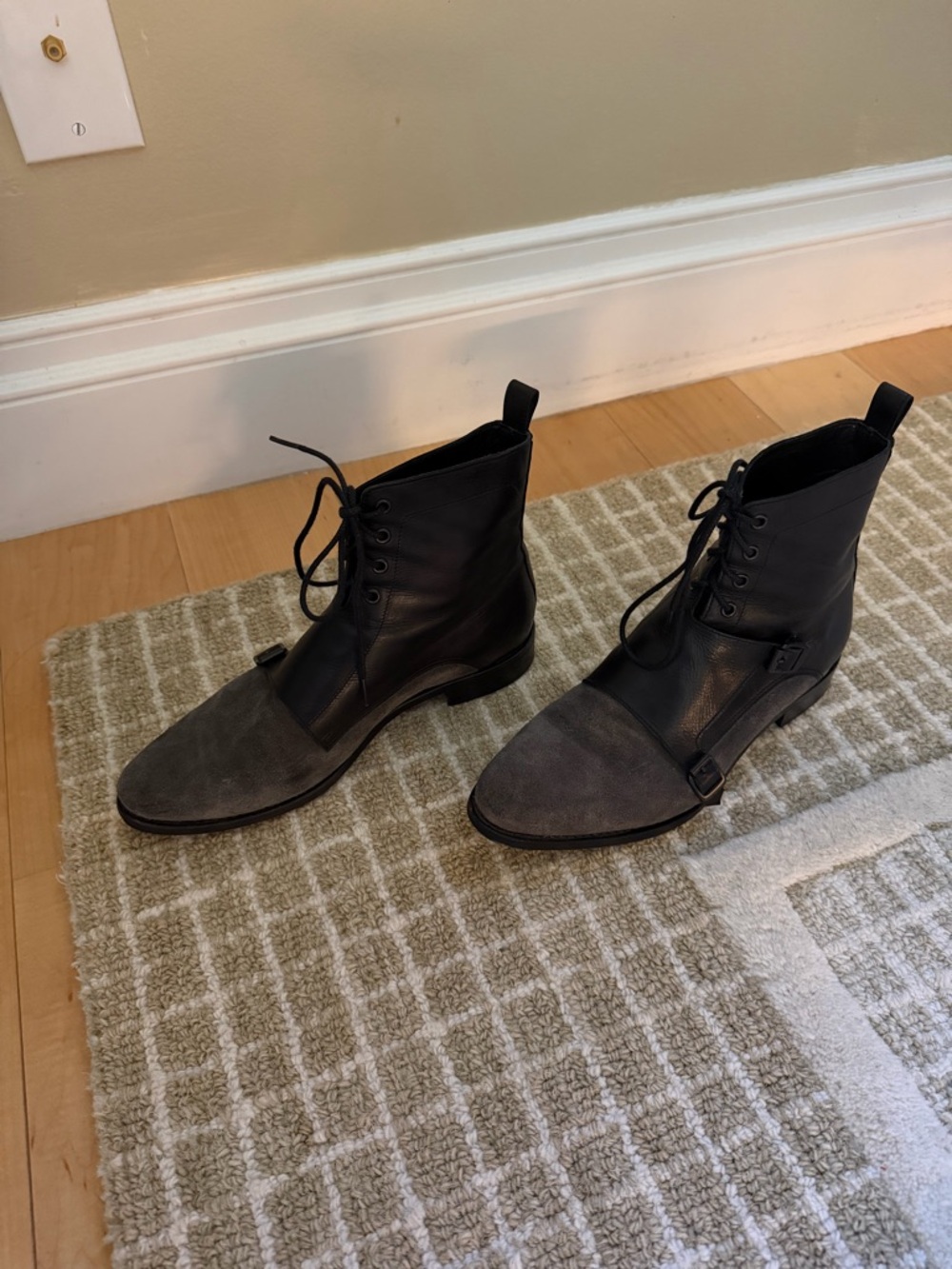 All Saints Two-Tone Black Leather & Grey Suede Combat Boots